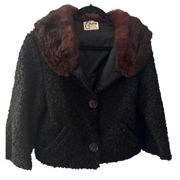 Jacket Black Curly Lamb Brown Fur Collar & Button Closure Small 1950 - Picture 5 of 14